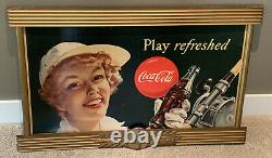 1949 Coca Cola Sign Cardboard 36x20 Store Display Frame Play Refreshed Fishing