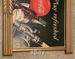 1949 Coca Cola Sign Cardboard 36x20 Store Display Frame Play Refreshed Fishing