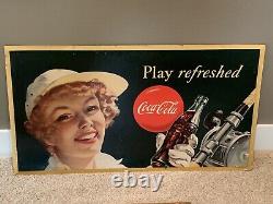 1949 Coca Cola Sign Cardboard 36x20 Store Display Frame Play Refreshed Fishing