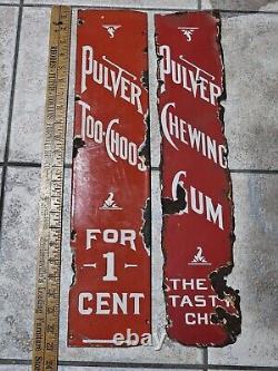 2 Vintage Porcelain Pulver Candy Gum Sign Machine General Store Display Too Choo