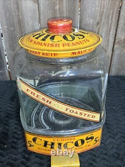 Antique Chicos Spanish Peanuts Country Store Display Jar Tin Litho Sign LID Nut