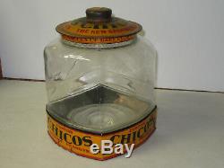 Antique Chicos Spanish Peanuts Country Store Display Jar Tin Litho Sign LID Nut