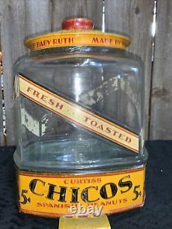 Antique Chicos Spanish Peanuts Country Store Display Jar Tin Litho Sign LID Nut