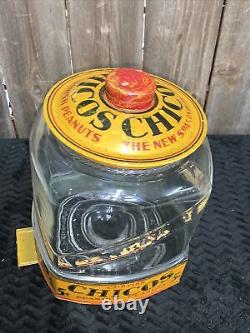 Antique Chicos Spanish Peanuts Country Store Display Jar Tin Litho Sign LID Nut