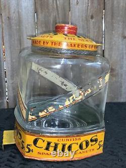 Antique Chicos Spanish Peanuts Country Store Display Jar Tin Litho Sign LID Nut