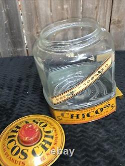 Antique Chicos Spanish Peanuts Country Store Display Jar Tin Litho Sign LID Nut