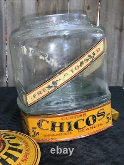 Antique Chicos Spanish Peanuts Country Store Display Jar Tin Litho Sign LID Nut