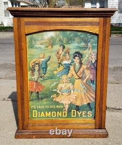 Antique Diamond Dyes General Store Display Oak Wood Cabinet Tin Sign Advertising