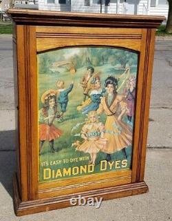 Antique Diamond Dyes General Store Display Oak Wood Cabinet Tin Sign Advertising