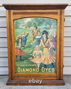 Antique Diamond Dyes General Store Display Oak Wood Cabinet Tin Sign Advertising