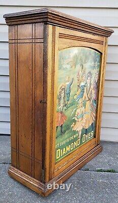 Antique Diamond Dyes General Store Display Oak Wood Cabinet Tin Sign Advertising