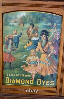 Antique Diamond Dyes General Store Display Oak Wood Cabinet Tin Sign Advertising