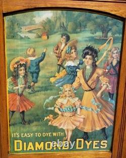 Antique Diamond Dyes General Store Display Oak Wood Cabinet Tin Sign Advertising