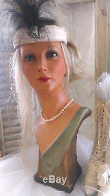 Antique, art-deco mannequin, flapper girl, mannequin head, bust, glass eyes, signed