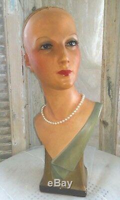 Antique, art-deco mannequin, flapper girl, mannequin head, bust, glass eyes, signed