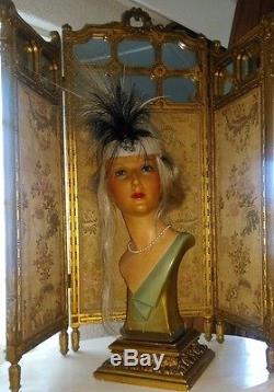 Antique, art-deco mannequin, flapper girl, mannequin head, bust, glass eyes, signed