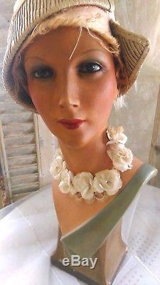 Antique, art-deco mannequin, flapper girl, mannequin head, bust, glass eyes, signed