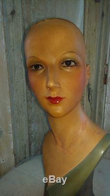 Antique, art-deco mannequin, flapper girl, mannequin head, bust, glass eyes, signed