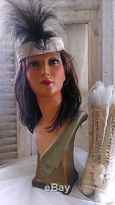 Antique, art-deco mannequin, flapper girl, mannequin head, bust, glass eyes, signed