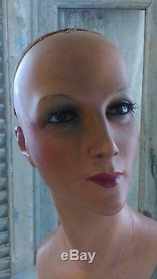 Antique, art-deco mannequin, flapper girl, mannequin head, bust, glass eyes, signed