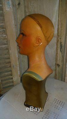 Antique, art-deco mannequin, flapper girl, mannequin head, bust, glass eyes, signed