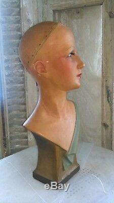 Antique, art-deco mannequin, flapper girl, mannequin head, bust, glass eyes, signed