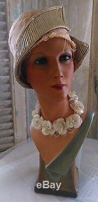 Antique, art-deco mannequin, flapper girl, mannequin head, bust, glass eyes, signed