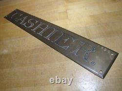 CASHIER Original Old Brass Impressed Lettering Bevel Edge Store Display Ad Sign