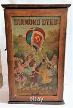 Diamond Dyes Display Cabinet Antique Wood & Tin Litho Of Children With Balloon