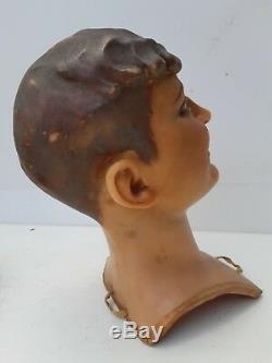 Great, antique WAX mannequin head, WAX head, glass eyes, teeth, Signed wax bust