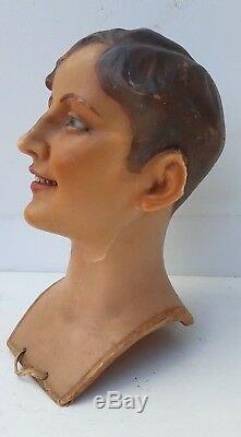 Great, antique WAX mannequin head, WAX head, glass eyes, teeth, Signed wax bust