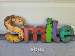 ORIGINAL Vtg 1970s SMILE Rust Metal Store Display Barn Sign Spell Out Word