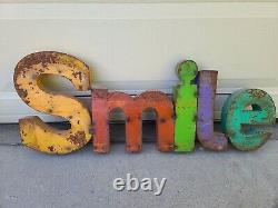 ORIGINAL Vtg 1970s SMILE Rust Metal Store Display Barn Sign Spell Out Word