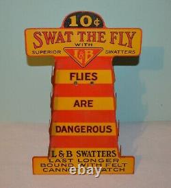 Old Antique Swat The Fly L&B Swatter Advertising Store Display Holder Sign