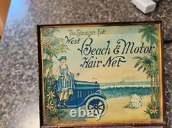 Old West Beach & Motor Hair Net Tin Litho Store Display, Top Sign shows Early Car