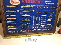 RARE NOS Vintage MANNS Bait Co Fishing Lure Dealer Store Display Sign Tackle NR