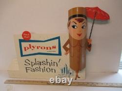 RED BALL 1960s Plyrons woman raincoat umbrella shoe store display sign splashin