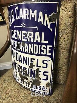 Rare 1900s Antique Porcelain Curved Carman General Merchandise Dr Daniels Sign