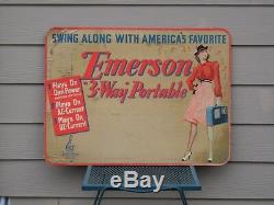 Rare 1940's EMERSON RADIO STORE DISPLAY SIGN 3-Way Portable with Hip Woman
