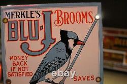 Rare Merkle Blu-j Broom Dealer Porcelain Metal Sign Bird Cleaning Hardware Store