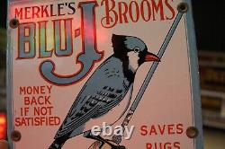 Rare Merkle Blu-j Broom Dealer Porcelain Metal Sign Bird Cleaning Hardware Store