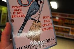 Rare Merkle Blu-j Broom Dealer Porcelain Metal Sign Bird Cleaning Hardware Store