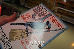 Rare Merkle Blu-j Broom Dealer Porcelain Metal Sign Bird Cleaning Hardware Store