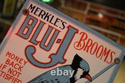 Rare Merkle Blu-j Broom Dealer Porcelain Metal Sign Bird Cleaning Hardware Store