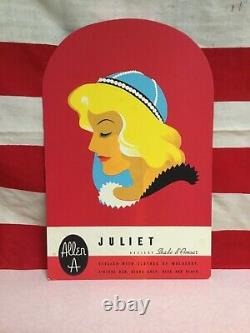 Rare vintage Hosiery cardboard store display advertising sign Juliet easel back