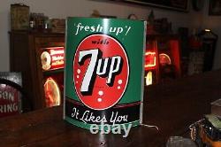 SCARCE 1950s FRESH UP WITH 7UP PAINTED TIN STRING HOLDER SIGN STORE DISPLAY COKE