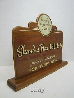 SKANDIA FLAX RUGS Original Old Art Deco Store Display Counter Top Wooden Sign Ad