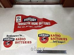 Set 3 60s Eveready Battery Batteries Advertising Store Pennant Display Signs NNM