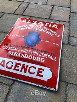 Super Plaque émaille bombée Assurance 1930 Alsatia Agence Incendie EAS tole Sign