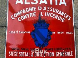 Super Plaque émaille bombée Assurance 1930 Alsatia Agence Incendie EAS tole Sign